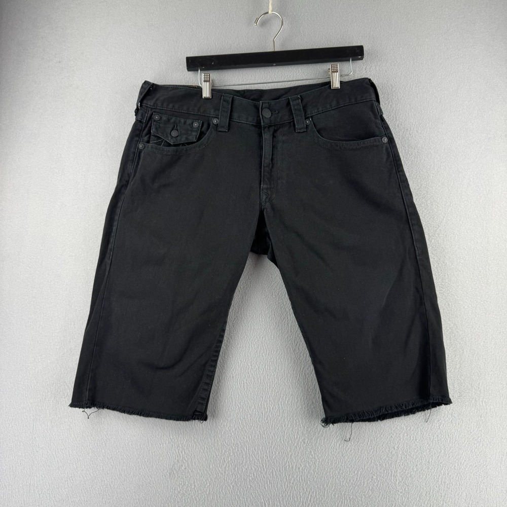 True Religion Shorts Mens 36 Black Denim Jorts Flap Pocket Cut Off Y2K